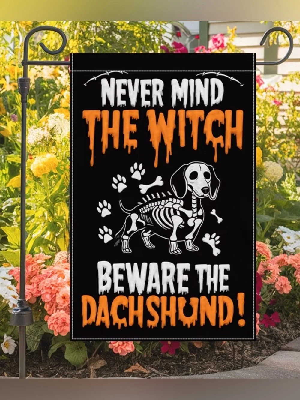 Beware The Dachshund Halloween Garden Flag - Black & Orange